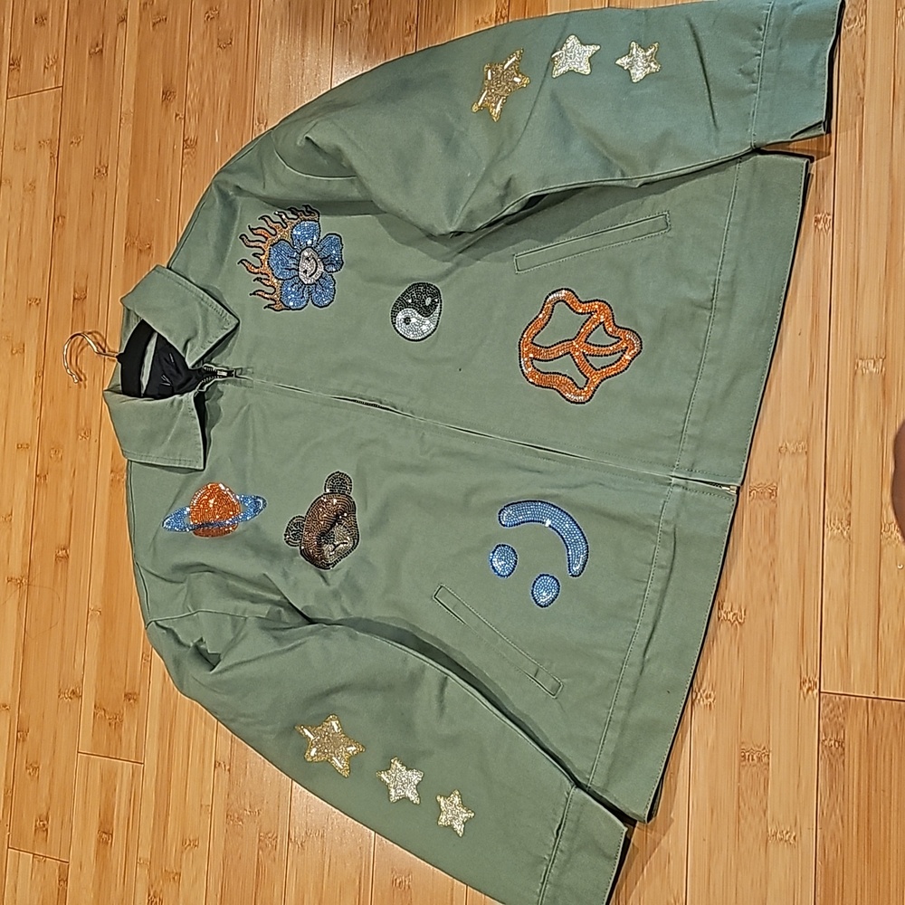 Rhinestone Patch Graphic Zip Front Jacket - image 5